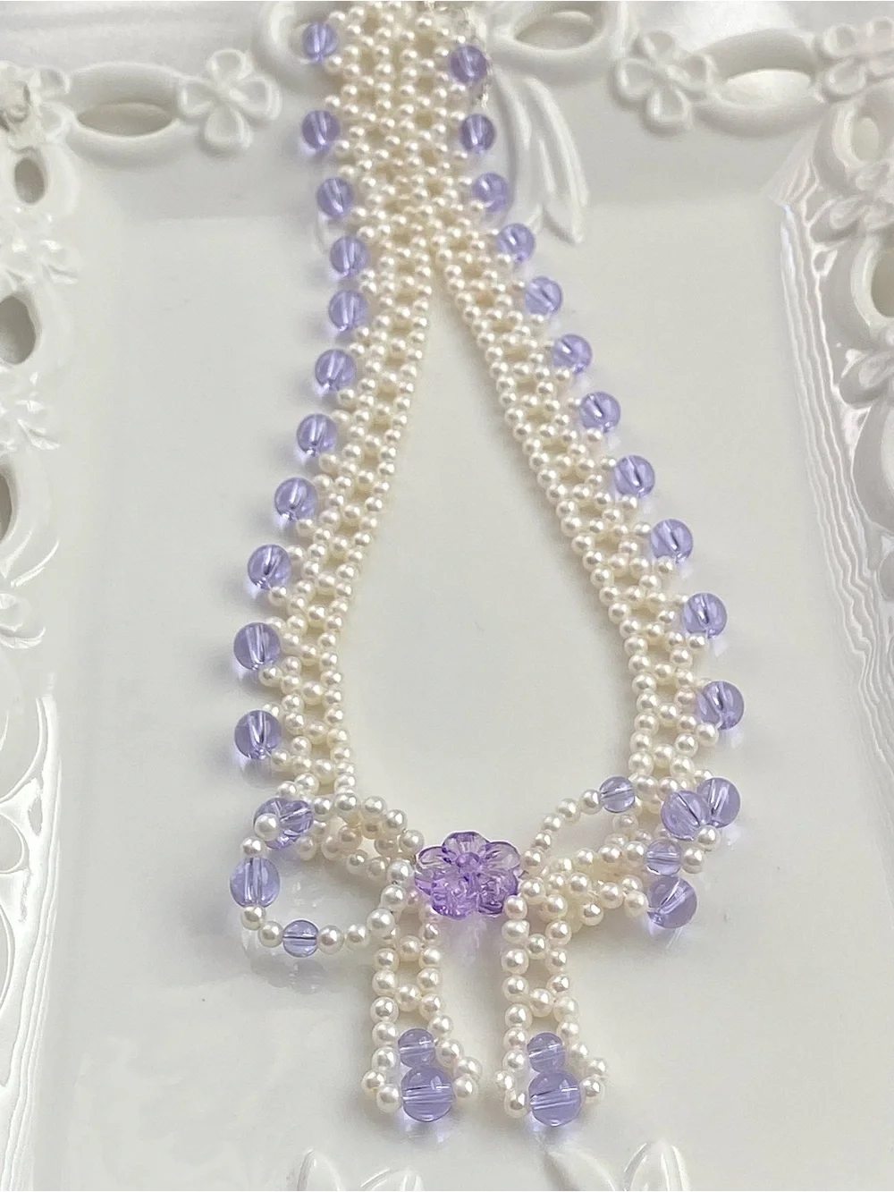 GP88-Handmade Braided High Quality Round Baby Pearl And Amethyst Bow Necklace